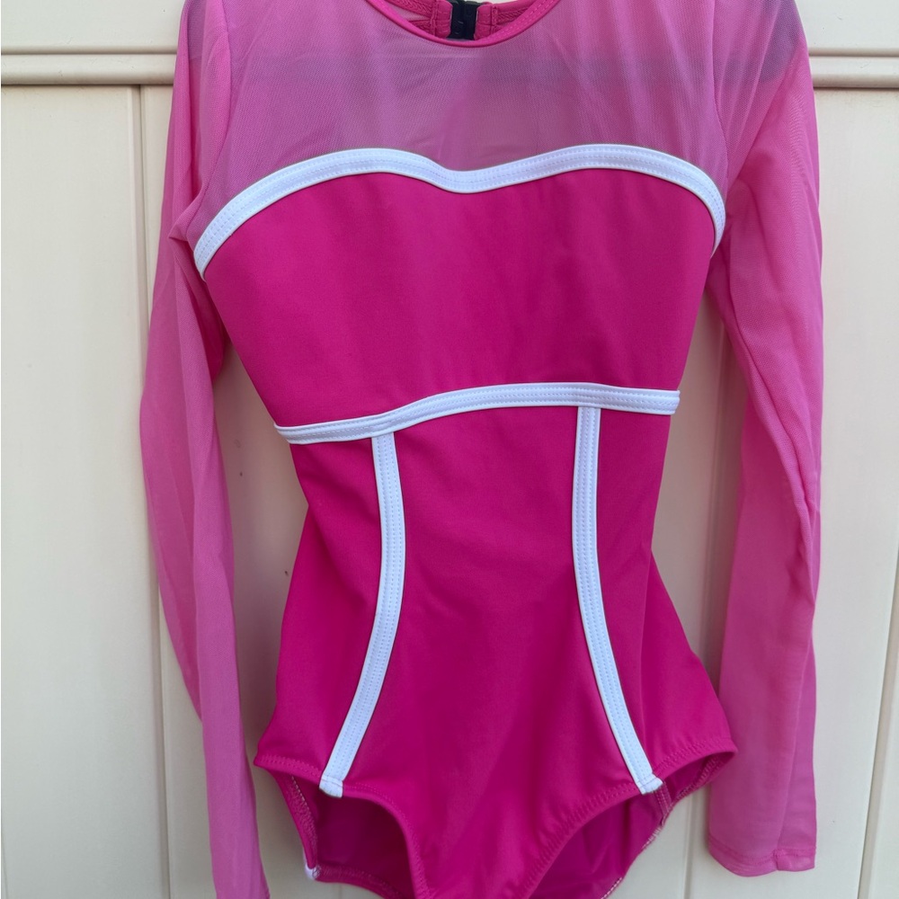 Pink Long Sleeve leo with White Trim